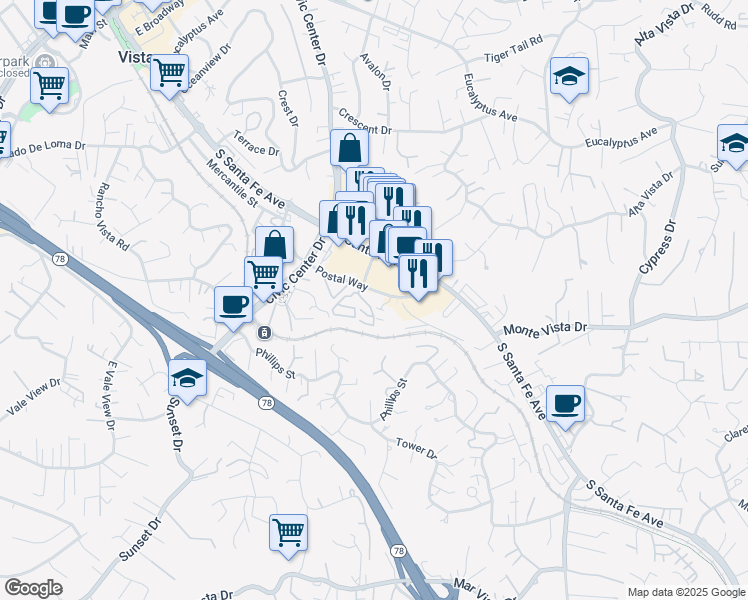 map of restaurants, bars, coffee shops, grocery stores, and more near 958 Santa Fe Place in Vista