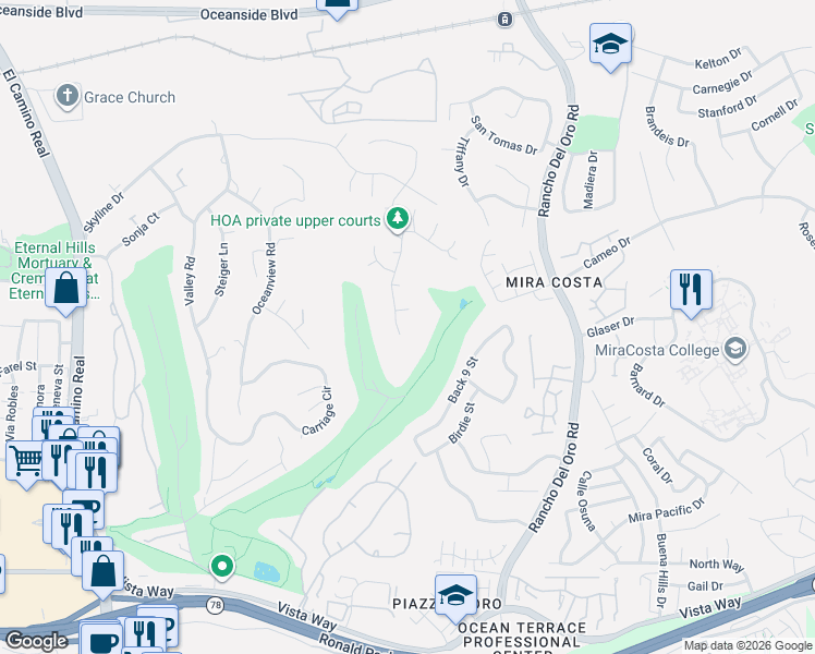 map of restaurants, bars, coffee shops, grocery stores, and more near 3416 Viewpoint Way in Oceanside