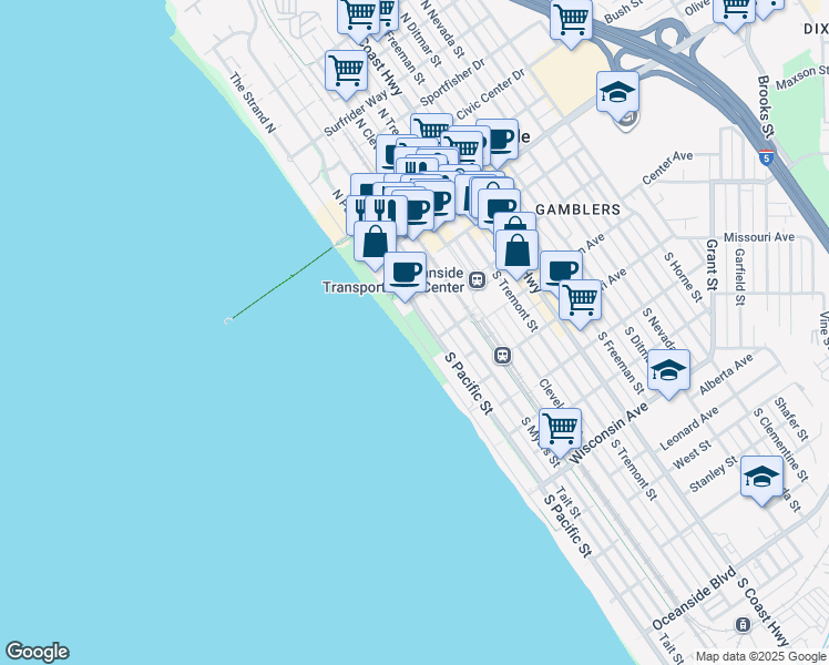 map of restaurants, bars, coffee shops, grocery stores, and more near 136 South Pacific Street in Oceanside