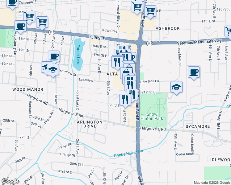 map of restaurants, bars, coffee shops, grocery stores, and more near 516 21st Street East in Tuscaloosa