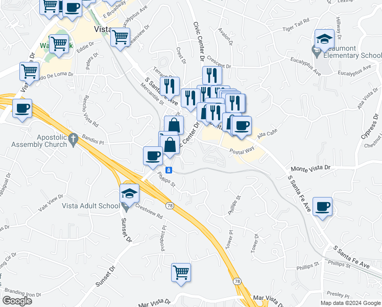 map of restaurants, bars, coffee shops, grocery stores, and more near 351 Pala Vista Drive in Vista