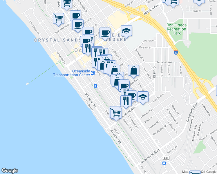 map of restaurants, bars, coffee shops, grocery stores, and more near South Tremont Street & Missouri Avenue in Oceanside