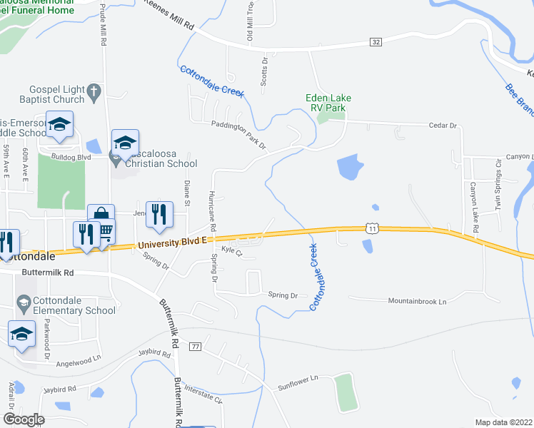 map of restaurants, bars, coffee shops, grocery stores, and more near 7000 University Blvd E in Tuscaloosa