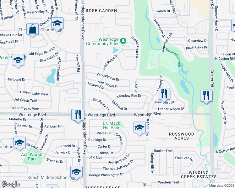 map of restaurants, bars, coffee shops, grocery stores, and more near 9829 Wild Ginger Drive in McKinney