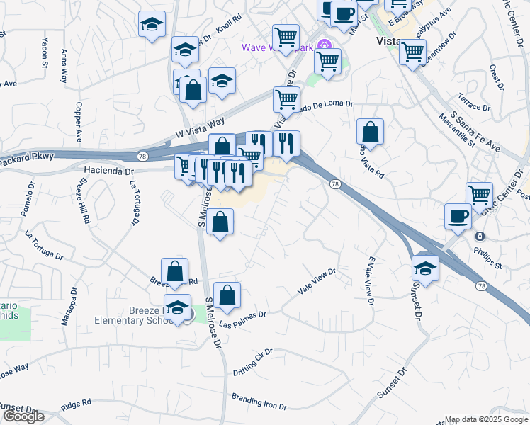 map of restaurants, bars, coffee shops, grocery stores, and more near 645 Matagual Drive in Vista