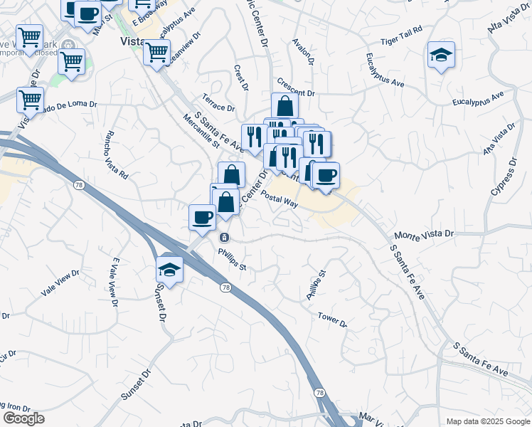 map of restaurants, bars, coffee shops, grocery stores, and more near 372 Pala Vista Drive in Vista