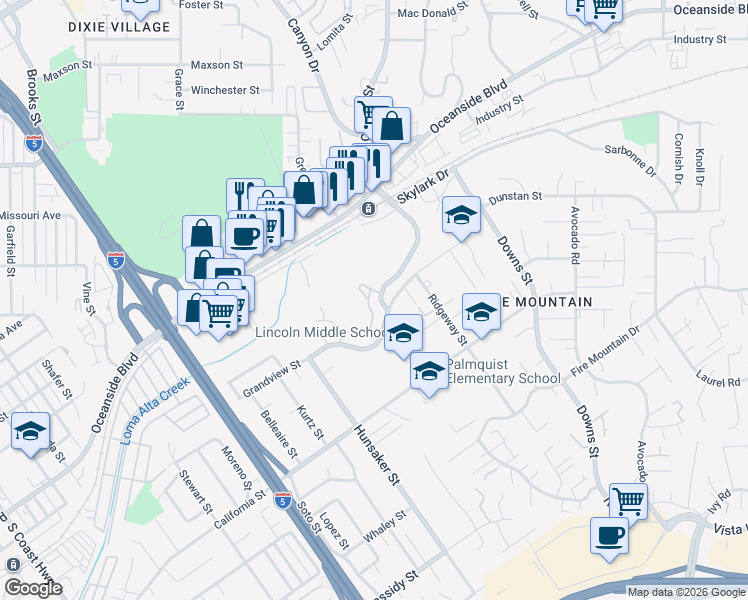map of restaurants, bars, coffee shops, grocery stores, and more near 2043 Rue De La Montagne in Oceanside