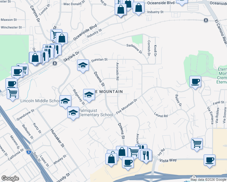 map of restaurants, bars, coffee shops, grocery stores, and more near 2241 California Street in Oceanside