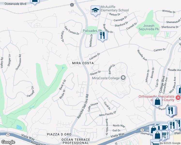 map of restaurants, bars, coffee shops, grocery stores, and more near 3531 Cameo Drive in Oceanside