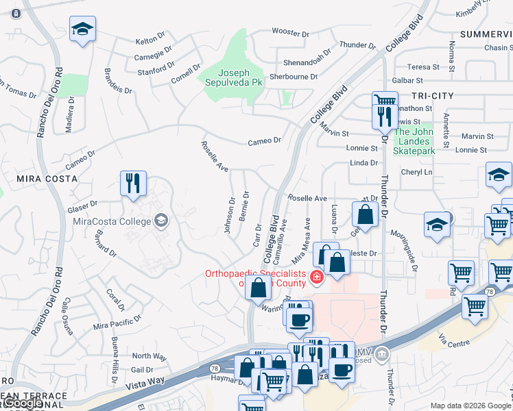 map of restaurants, bars, coffee shops, grocery stores, and more near 3160 Carr Drive in Oceanside