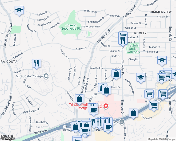 map of restaurants, bars, coffee shops, grocery stores, and more near 3052 Camarillo Avenue in Oceanside