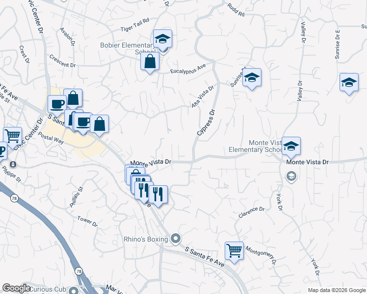 map of restaurants, bars, coffee shops, grocery stores, and more near 1084 Chelsea Court in Vista