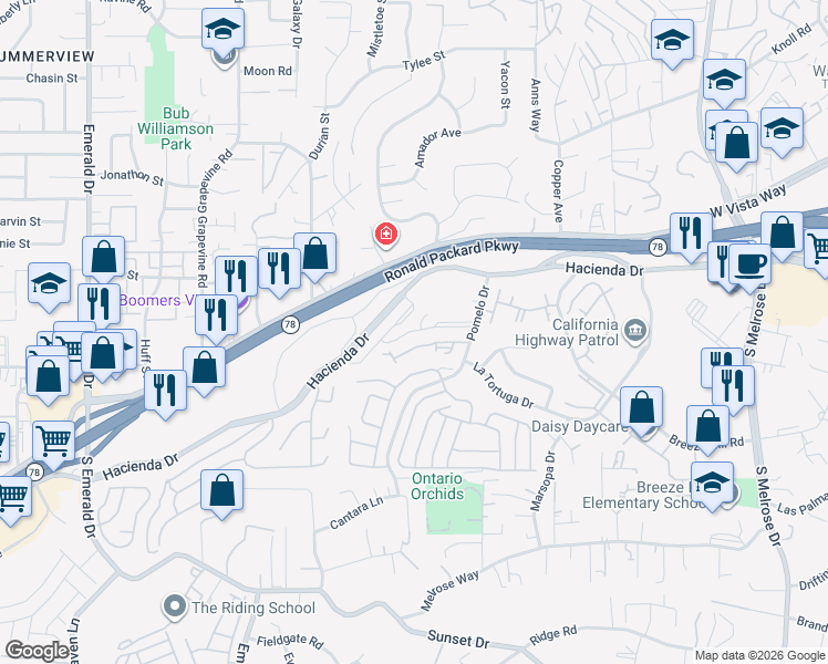 map of restaurants, bars, coffee shops, grocery stores, and more near 1280 Hacienda Drive in Vista