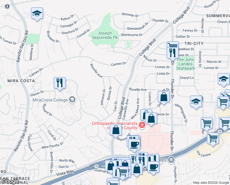 map of restaurants, bars, coffee shops, grocery stores, and more near 3160 Carr Drive in Oceanside