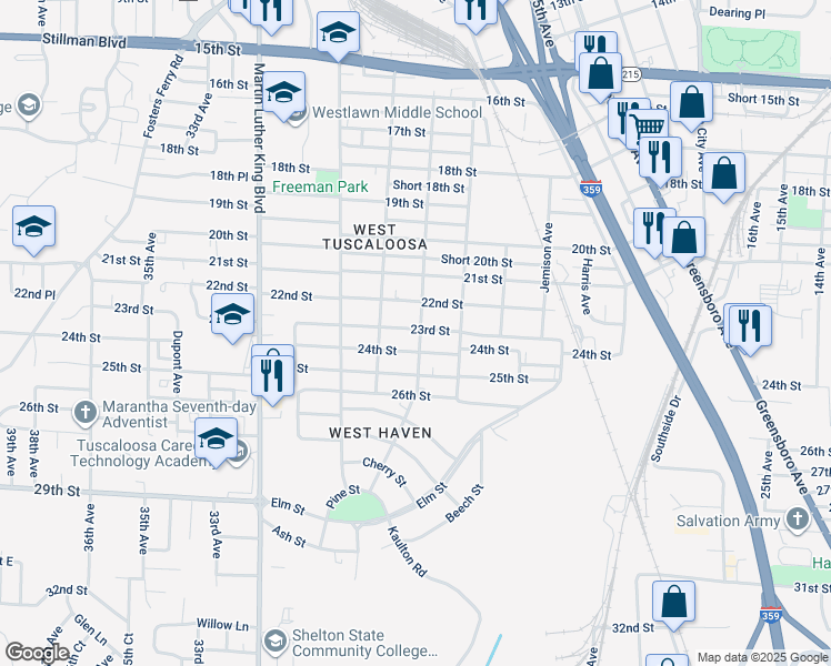 map of restaurants, bars, coffee shops, grocery stores, and more near 2208 28th Avenue in Tuscaloosa