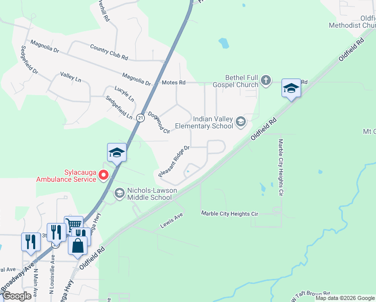 map of restaurants, bars, coffee shops, grocery stores, and more near 1847 Pleasant Ridge Drive in Sylacauga