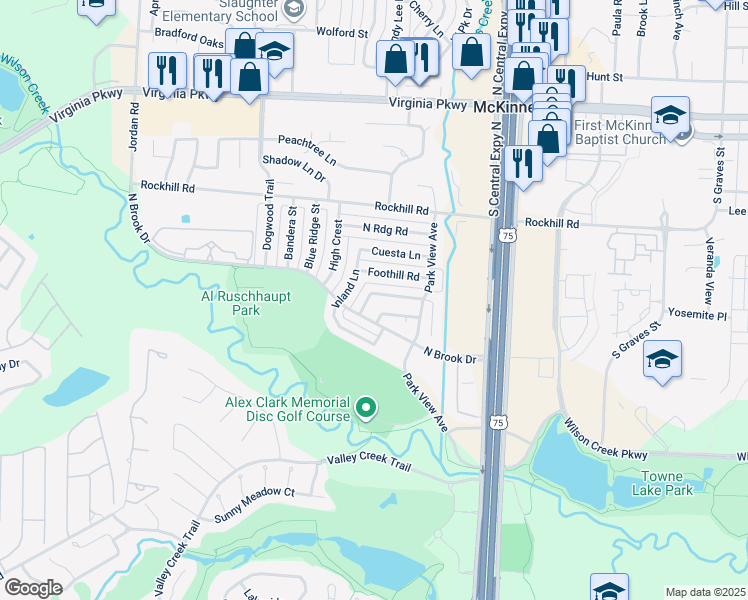 map of restaurants, bars, coffee shops, grocery stores, and more near 2323 Brookview Drive in McKinney