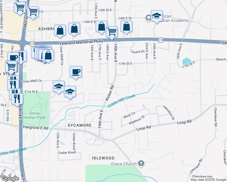 map of restaurants, bars, coffee shops, grocery stores, and more near 1924 Cribbs Mill Lane in Tuscaloosa