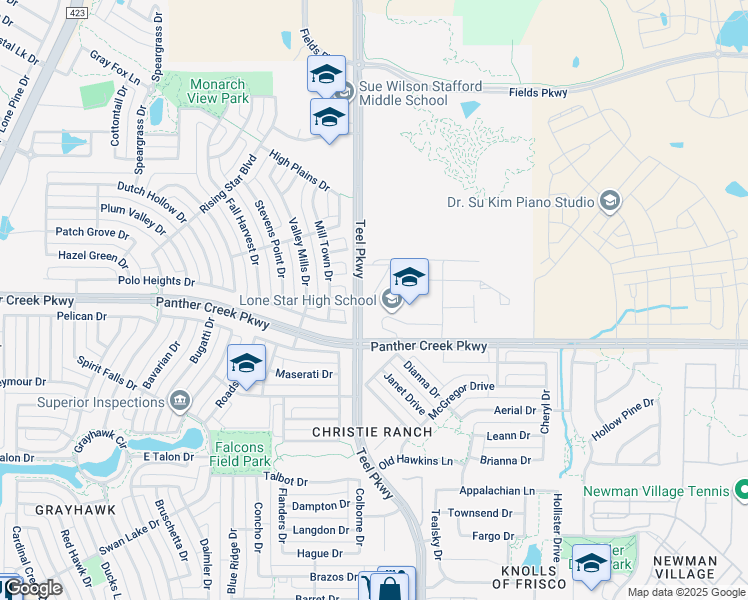 map of restaurants, bars, coffee shops, grocery stores, and more near 2606 Panther Creek Parkway in Frisco