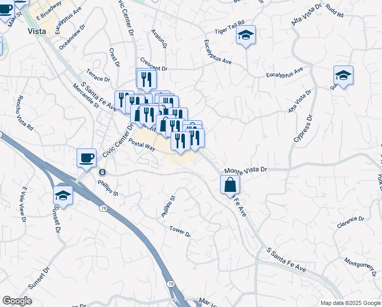 map of restaurants, bars, coffee shops, grocery stores, and more near 1036 South Santa Fe Avenue in Vista