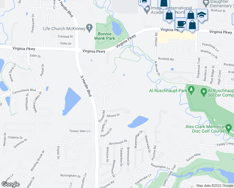 map of restaurants, bars, coffee shops, grocery stores, and more near 2701 White Rock Creek Drive in McKinney
