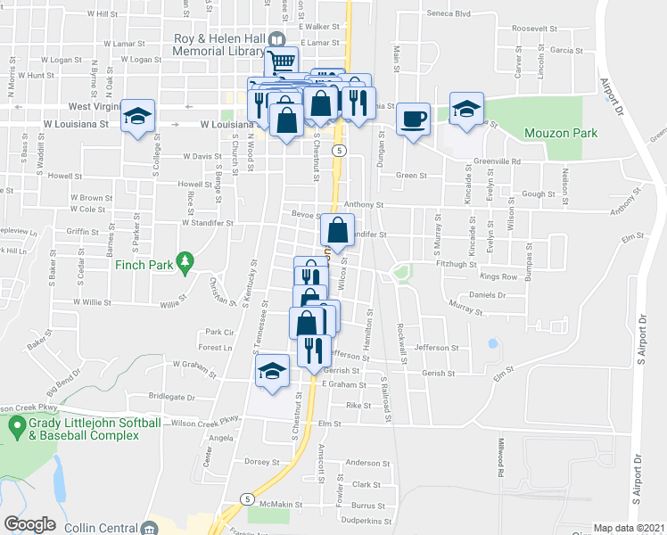 map of restaurants, bars, coffee shops, grocery stores, and more near 404 Short Street in McKinney