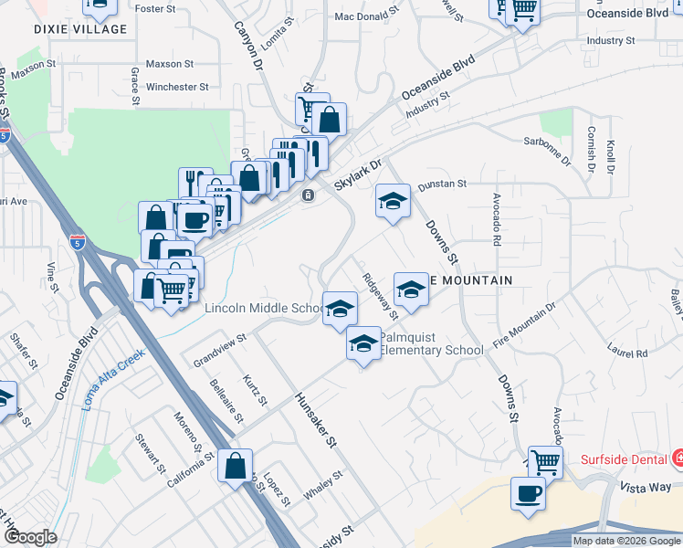 map of restaurants, bars, coffee shops, grocery stores, and more near 2075 Grandview Street in Oceanside