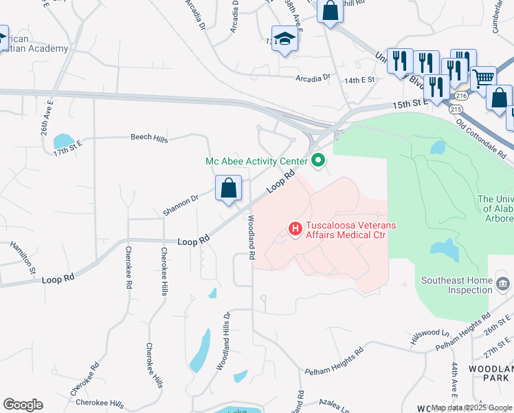 map of restaurants, bars, coffee shops, grocery stores, and more near 3601 Loop Road in Tuscaloosa