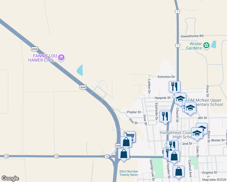 map of restaurants, bars, coffee shops, grocery stores, and more near 1012 Highland Drive in Belzoni