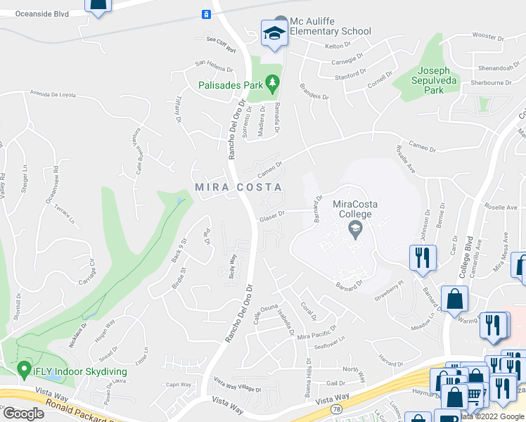 map of restaurants, bars, coffee shops, grocery stores, and more near 3531 Cameo Drive in Oceanside