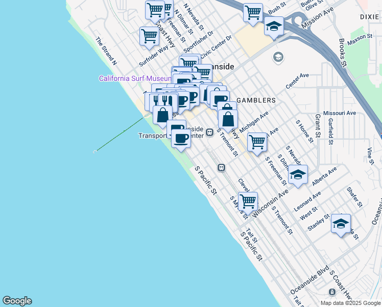map of restaurants, bars, coffee shops, grocery stores, and more near 152 South Pacific Street in Oceanside