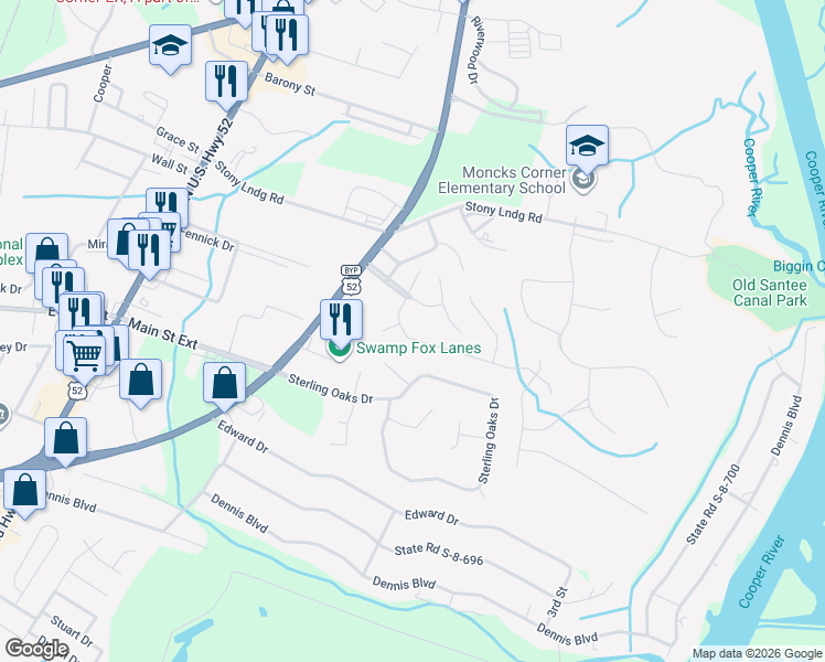 map of restaurants, bars, coffee shops, grocery stores, and more near 1201 Francis Marion Circle in Moncks Corner