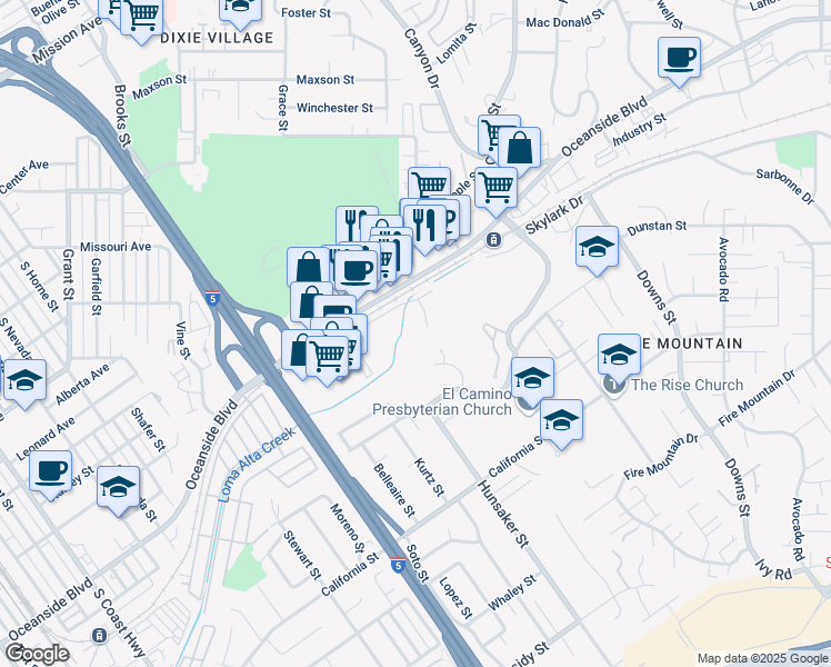 map of restaurants, bars, coffee shops, grocery stores, and more near 1315 Union Plaza Court in Oceanside