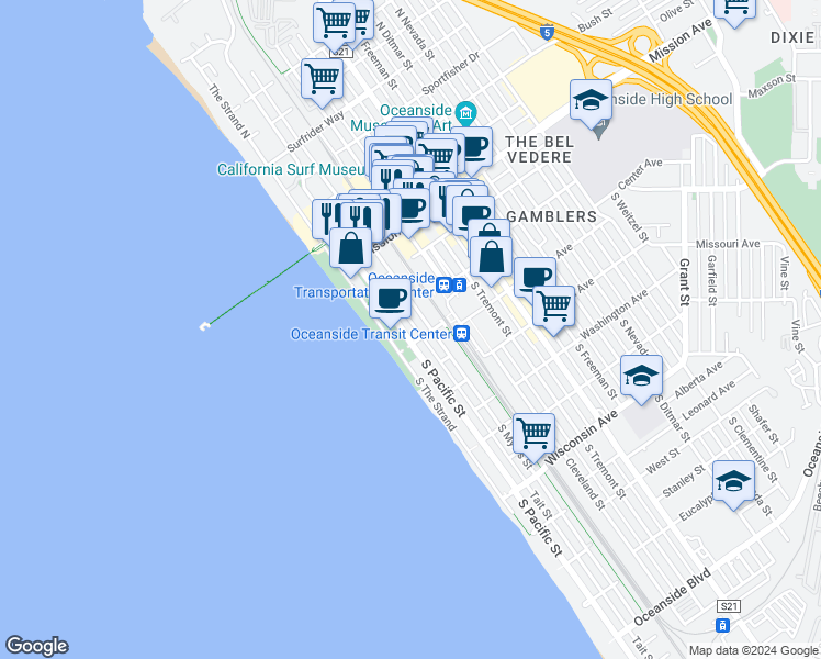map of restaurants, bars, coffee shops, grocery stores, and more near 152 South Pacific Street in Oceanside
