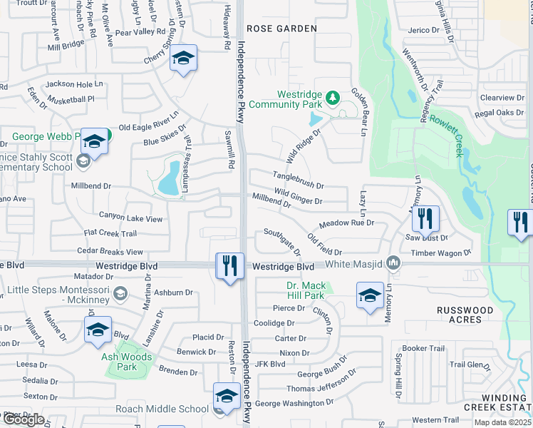 map of restaurants, bars, coffee shops, grocery stores, and more near 9913 Old Field Drive in McKinney