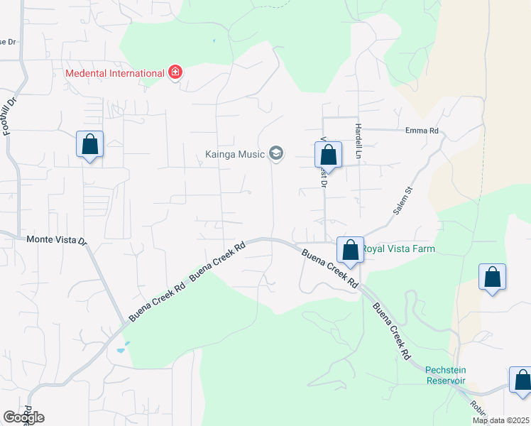 map of restaurants, bars, coffee shops, grocery stores, and more near 1129 Sugarbush Drive in Vista