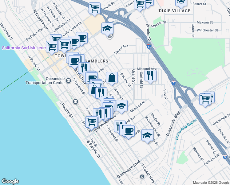 map of restaurants, bars, coffee shops, grocery stores, and more near 513 South Clementine Street in Oceanside