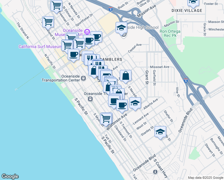 map of restaurants, bars, coffee shops, grocery stores, and more near 410 South Freeman Street in Oceanside