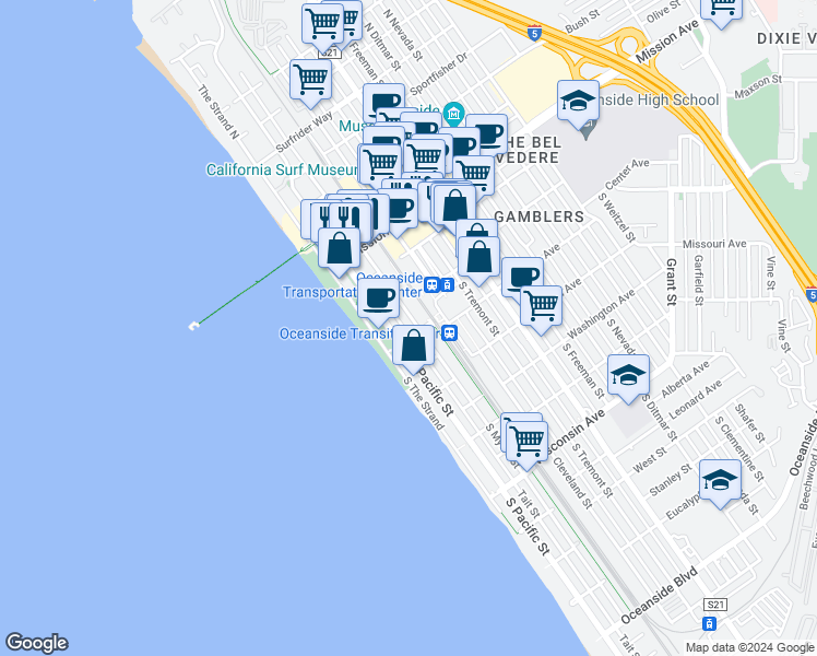 map of restaurants, bars, coffee shops, grocery stores, and more near 136 South Pacific Street in Oceanside