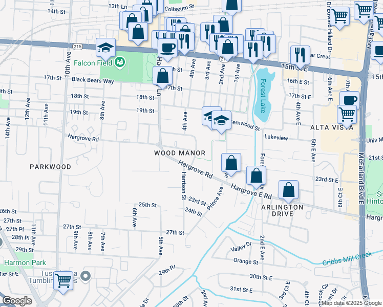 map of restaurants, bars, coffee shops, grocery stores, and more near 13 Wood Manor in Tuscaloosa