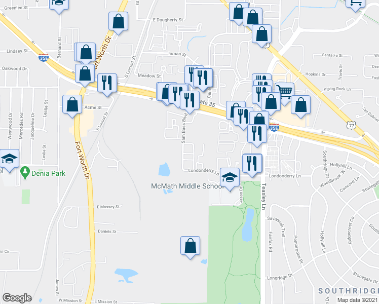 map of restaurants, bars, coffee shops, grocery stores, and more near 1900 Sam Bass Boulevard in Denton
