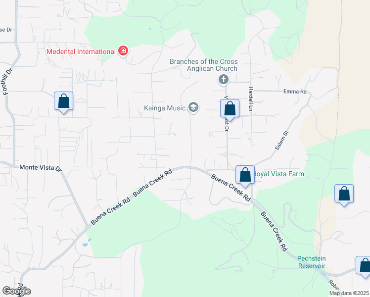 map of restaurants, bars, coffee shops, grocery stores, and more near 1129 Sugarbush Drive in Vista