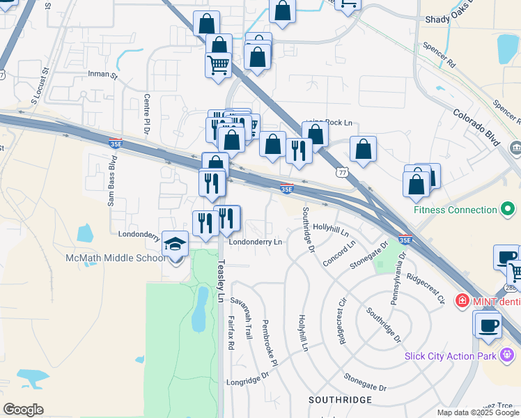 map of restaurants, bars, coffee shops, grocery stores, and more near 1710 Westminster Street in Denton