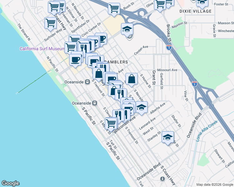 map of restaurants, bars, coffee shops, grocery stores, and more near 413 South Freeman Street in Oceanside