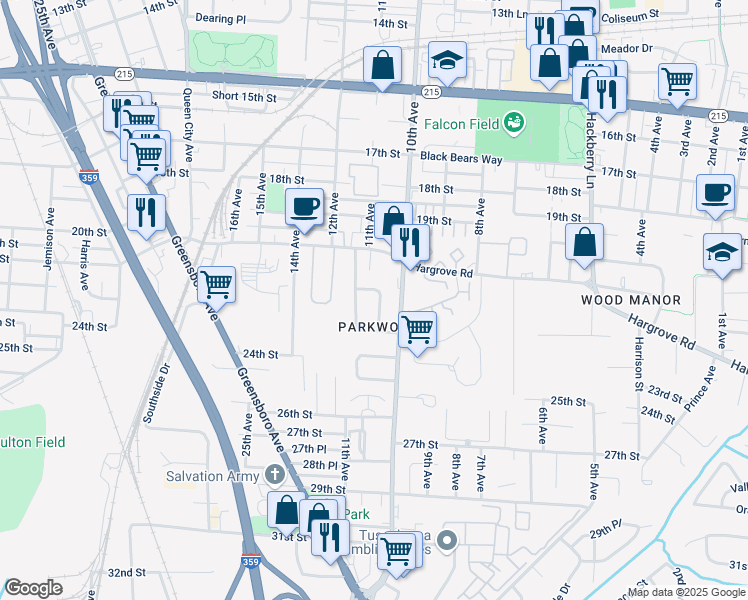 map of restaurants, bars, coffee shops, grocery stores, and more near 35 Meadowlawn Court in Tuscaloosa