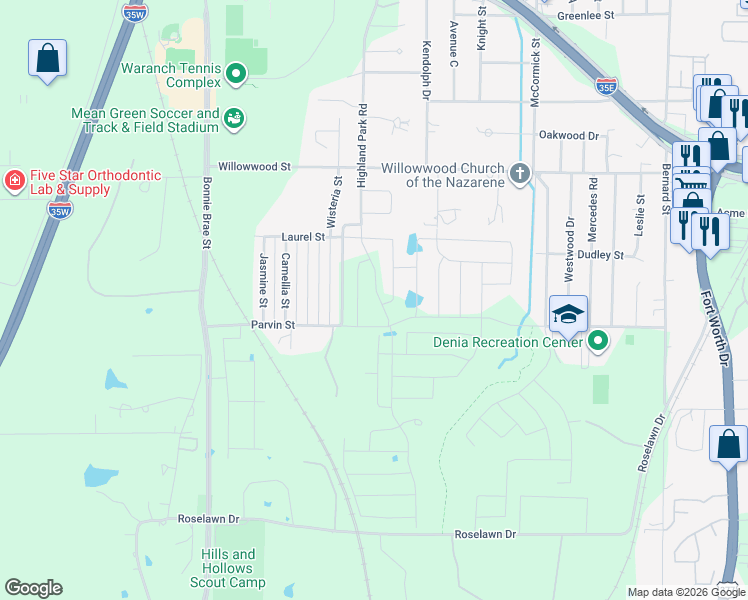 map of restaurants, bars, coffee shops, grocery stores, and more near 2115 Highland Park Road in Denton