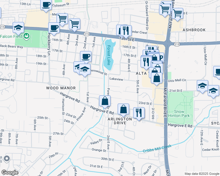 map of restaurants, bars, coffee shops, grocery stores, and more near 1 Forest Lake Drive in Tuscaloosa
