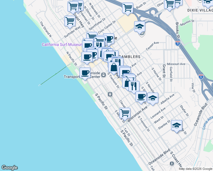 map of restaurants, bars, coffee shops, grocery stores, and more near 355 North Cleveland Street in Oceanside