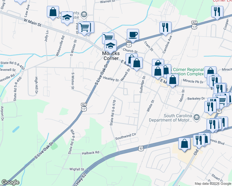 map of restaurants, bars, coffee shops, grocery stores, and more near 210 Newell Street in Moncks Corner