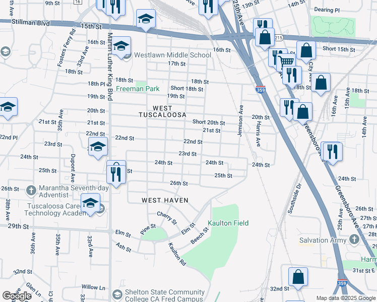 map of restaurants, bars, coffee shops, grocery stores, and more near 2208 28th Avenue in Tuscaloosa